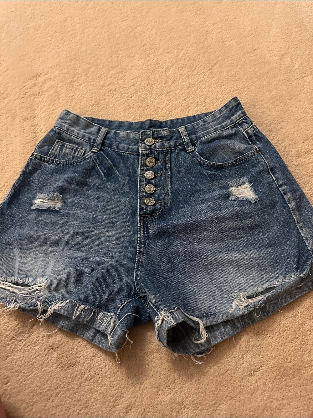 High-Waist Distressed Denim Shorts - Blue